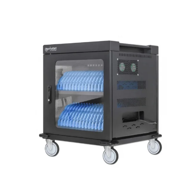 Manhattan Carrito de carga con 32 contactos de corriente alterna 32 Tomas de corriente NEMA 5-15R integradas en la parte posterior, protección contra sobrecarga, amplias ranuras para dispositivos de hasta 15.6", gabinete con cerradura, negro image 3