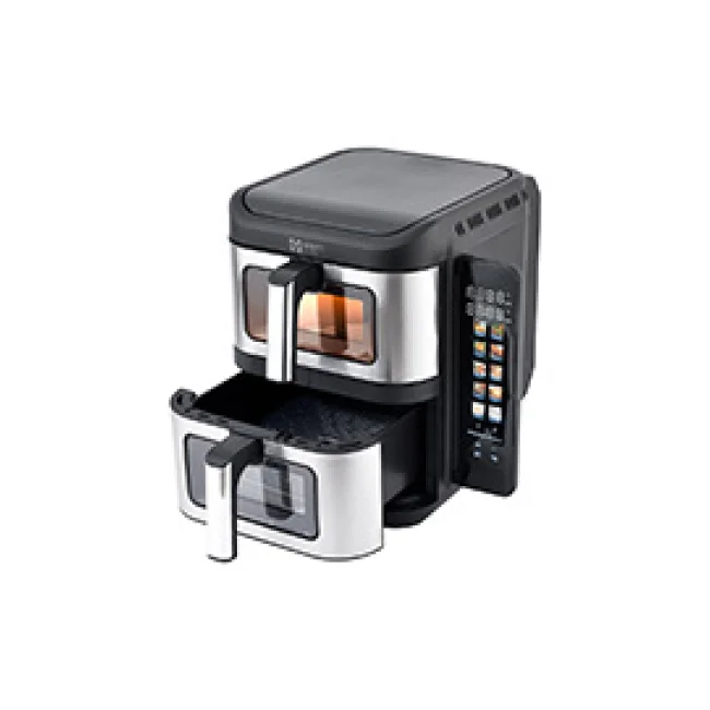 FREIDORA DE AIRE DOBLE MIRATI DE 11 LITROS TOTALES CUENTA CON 2 CANASTAS DE 5.5L CADA UNA CON VENTANA, PANEL A COLOR Y RETRACTIL REGULACION DE TEMPERATURA INDIVIDUAL, 1800W, TEMPERATURA DE 60C-200C