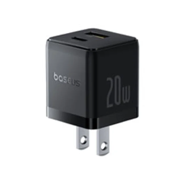 CARGADOR DE PARED 2 PUERTOS BASEUS, CARGA RPIDA, 1 TIPO C1 USB-A 20W, COLOR NEGRO
