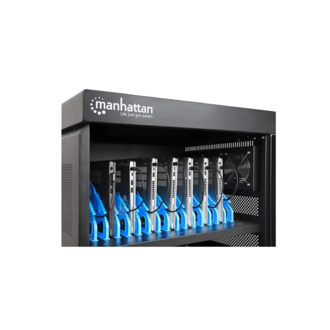 Manhattan Carrito de carga con 32 contactos de corriente alterna 32 Tomas de corriente NEMA 5-15R integradas en la parte posterior, protección contra sobrecarga, amplias ranuras para dispositivos de hasta 15.6", gabinete con cerradura, negro image 4