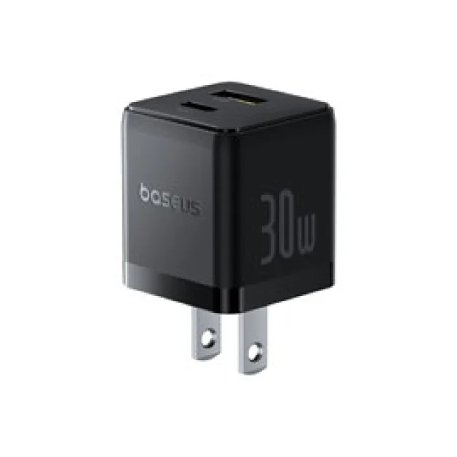 CARGADOR DE PARED 2 PUERTOS BASEUS, CARGA RPIDA, 1 TIPO C1 USB-A 30W, COLOR NEGRO