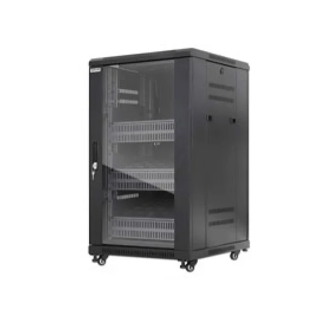 Intellinet Gabinete 19" Pro Line con extractores de aire, 18U, Frente de 600 mm, unidad de ventilación con dos extractores de aire instalados en el techo, profundidad de 600 mm, Ensamblado, negro RAL 9004, Profundidad de instalación útil: ajustable de 150 a 500 mm (5.91 a 19.69 pulg.)