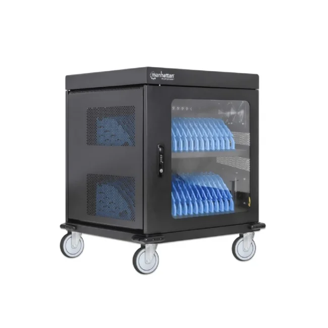 Manhattan Carrito de carga con 32 contactos de corriente alterna 32 Tomas de corriente NEMA 5-15R integradas en la parte posterior, protección contra sobrecarga, amplias ranuras para dispositivos de hasta 15.6", gabinete con cerradura, negro image 7