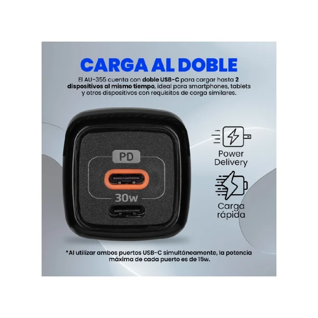 CARGADOR PARA PARED AU-355 FAST CHARGE 3.0 A 1 USB C 30W NEGRO image 2