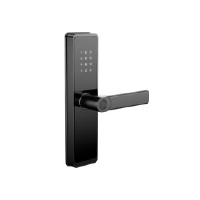 CERRADURA INTELIGENTE CON DETECCIóN DE HUELLA DACTILAR, TARJETA RFID, CONECTIVIDAD WIFI, COMBINACIóN NUMéRICA Y LLAVE FíSICA, DE ALEACIóN DE ALUMINIO Y CRISTAL TEMPLADO.