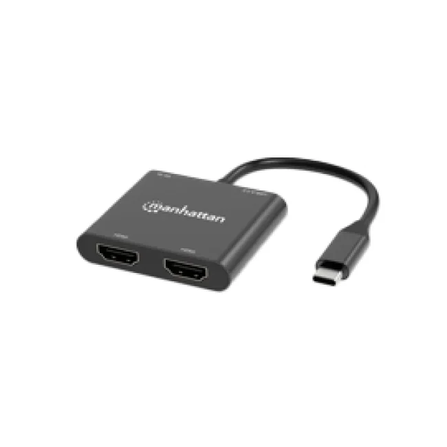 Manhattan Adaptador multipuerto con USB tipo C macho a dos puertos HDMI (hasta 4K@60Hz), USB-A (480 Mbps) y USB Power Delivery de carga (100 W), aluminio, negro