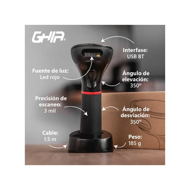 Ghia LECTOR DE CODIGOS DE BARRAS 2D INALAMBRICO // RECEPTOR USB // BLUETOOTH // BASE DE CARGA // COM Lector de código de barras manual CMOS Negro image 11