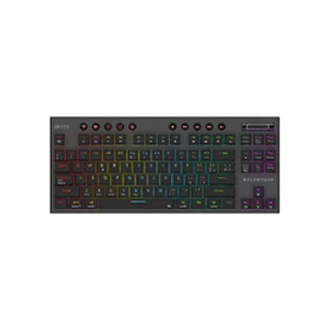 Teclado BALAM RUSH Gamer Mecánico Multidispositivo Dominate Expert GK959 / 2.4 MHz + 2 modos Bluetooth / TKL+ Estructura Aluminio + Perilla y Botones Multimedia + Teclas Doble Inyección + Switch Café Intercambiables + RGB Dinámico / Recargable / Legend Ne