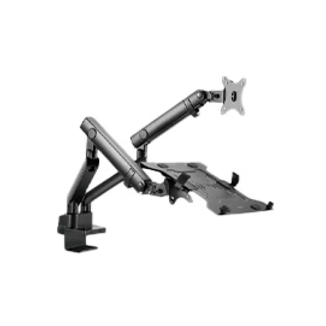 SOPORTE ACTECK ENFORCE MOTION SM636 / PARA MONITOR 17-32 PULG Y LAPTOP 10-15.6 PULG / ROTACION AJUSTABLE / VESA 75-100MM / ADAPTADOR DE ESCRITORIO / MAX 8 KG POR BRAZO / NEGRO / AC-939645