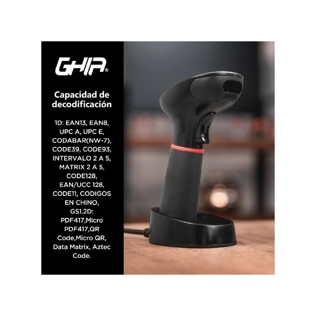 Ghia LECTOR DE CODIGOS DE BARRAS 2D INALAMBRICO // RECEPTOR USB // BLUETOOTH // BASE DE CARGA // COM Lector de código de barras manual CMOS Negro image 9