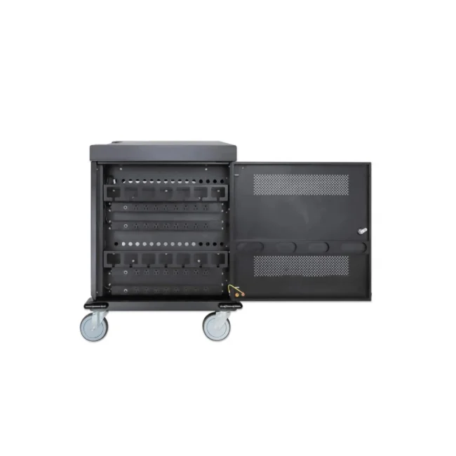 Manhattan Carrito de carga con 32 contactos de corriente alterna 32 Tomas de corriente NEMA 5-15R integradas en la parte posterior, protección contra sobrecarga, amplias ranuras para dispositivos de hasta 15.6", gabinete con cerradura, negro image 6