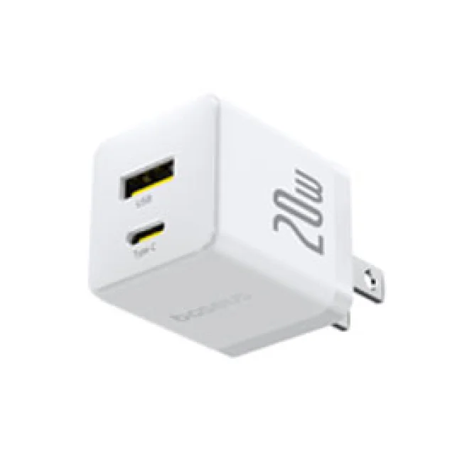 CARGADOR DE PARED 2 PUERTOS BASEUS, CARGA RPIDA, 1 TIPO C1 USB-A 20W, COLOR BLANCO