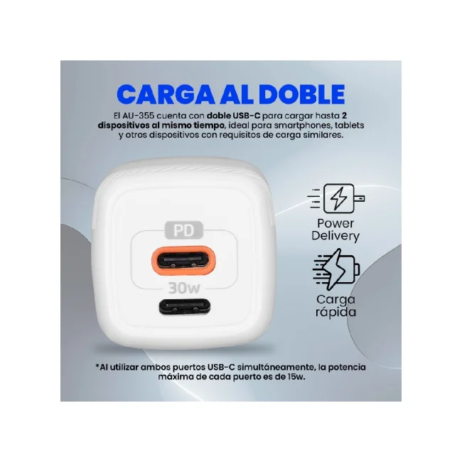 CARGADOR PARED VORAGO AU-355 FAST CHARGE 2 X USB-C 30W BLANCO image 2