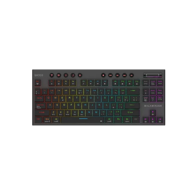 Teclado BALAM RUSH Gamer Mecánico Multidispositivo Dominate Expert GK959 / 2.4 MHz + 2 modos Bluetooth / TKL+ Estructura Aluminio + Perilla y Botones Multimedia + Teclas Doble Inyección + Switch Café Intercambiables + RGB Dinámico / Recargable / Legend Ne image 2