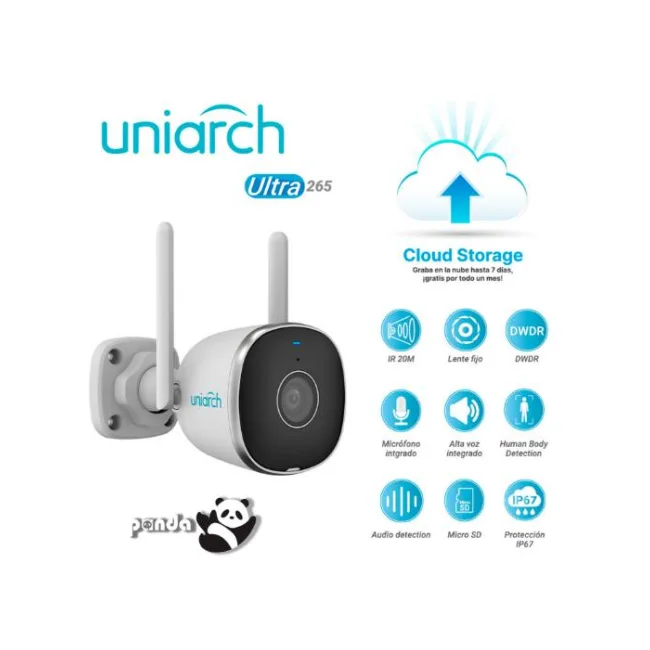Uho-B2R-M2F3, Cámara IP Bullet WiFi, 2MP, Lente 2.8mm, Micrófono y Bocina, IR 20m, Micro SD, Ultra H.265, Exteriores IP67, serie Panda