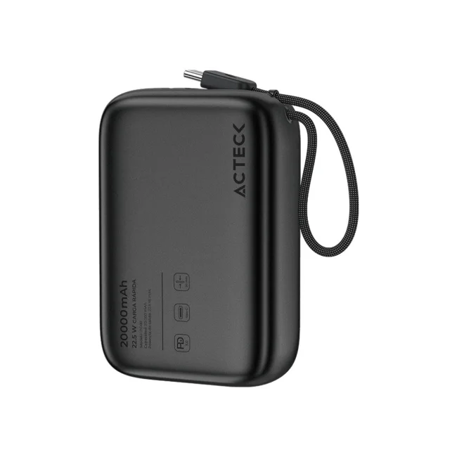 Powerbank ACTECK Energon Go Plug Max PG80 / 20,000 mAh / USB-C con cable integrado 22.5 W / Ultra compacto y Ligero / 3C Standard / Elite Series / Negro