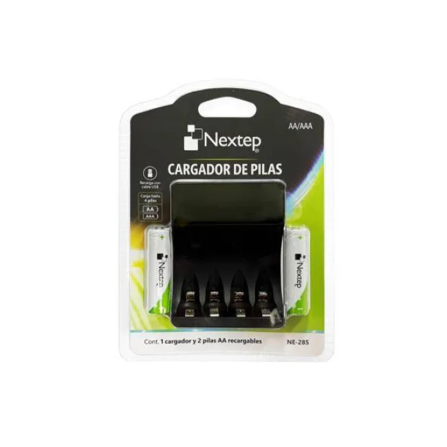 Cargador de Pilas Nextep NE-285 AA/AAA Incluye 2 pilas AA Recarga con cable USB Carga simultáneamente hasta 4 pilas incluye 2 pilas AA
