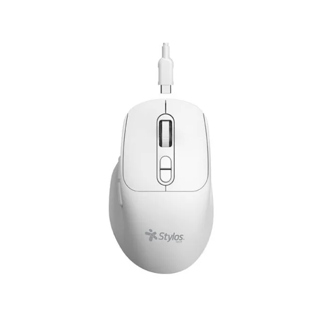 Mouse Inalambrico Recargable Stylos 1,600 Dpi 3 Niveles 6 Botones Conexion USB Nano 2.4Ghz Blanco