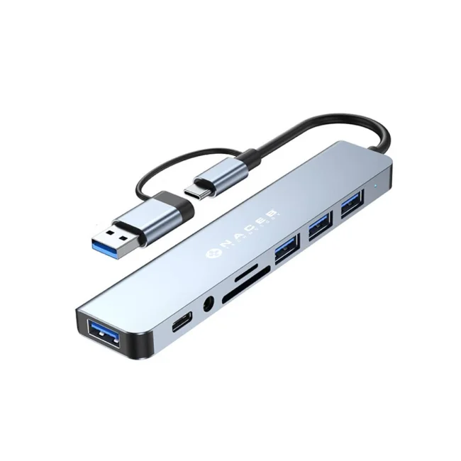 NACEB ADAPTADOR USB-C/A 8 EN 1 USB3.0+3*USB2.0+USB-C+SD/TF+AUX NA-0149