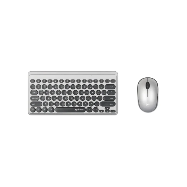 Manhattan Un solo receptor USB-A Nano para ambos, teclado inalámbrico con 12 teclas multimedia/función, mouse óptico ambidiestro con tres botones y rueda de desplazamiento, 1200 ppp, negro/plateado