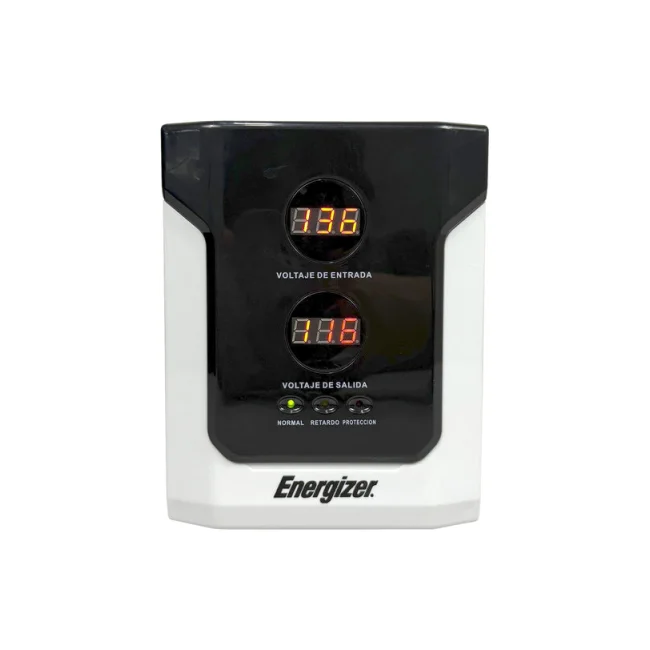 Regulador Energizer 2500VA/1500W (ERENRLB25VA). Rango 90-145VCA, fus. 15A, 2 contactos, LED. Ideal p/línea blanca. Cert. RoHS/NOM/CE. 2 años gtía.