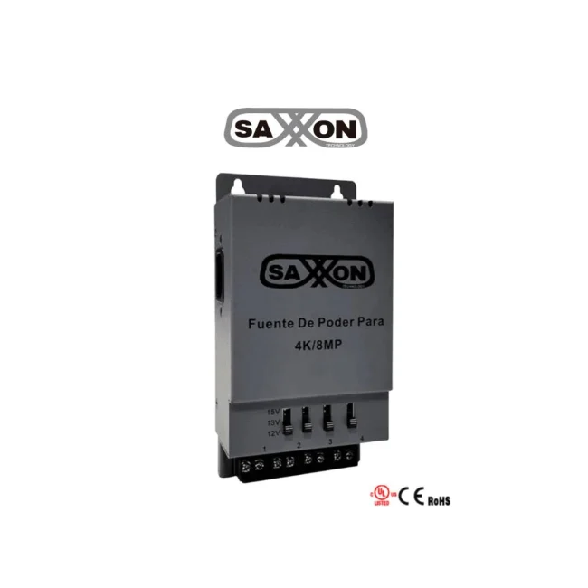 SAXXON ENERGIA PSU1205A-4K - Fuente de poder Regulable Metálica/ Conexión de Hasta 4 Canales/ Voltaje de Ajuste 12V 13V o 15V cc/ Salida de Hasta 5 Amp en los 4 Canales/ Instalación en Pared