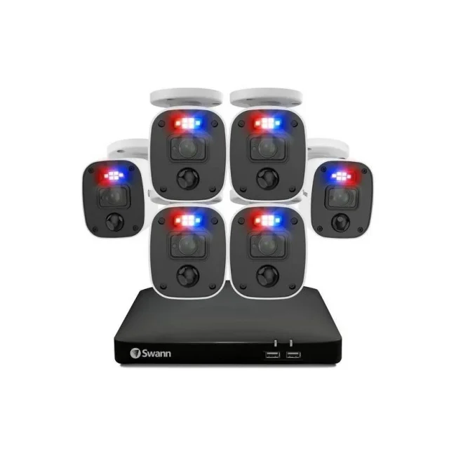 KIT DVR 6 CAMARAS DVR-4680 SWANN Sistema de seguridad 8 Canales, 6 Camaras con audio, Luces intermitentes rojo y azul, Sensor de Luz