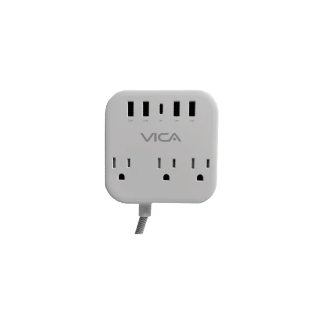 Centro de carga 7P VICA para protección contra sobretensiónes, 3 tomas con supresor de picos NEMA 5-15R, 4 puertos USB-A y 1 puerto USB-C