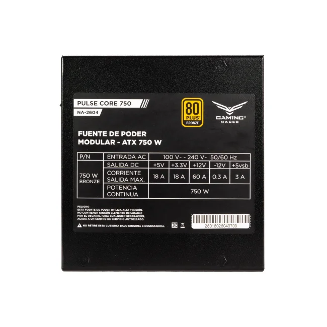 Fuente de poder Pulse Bronze NA-2604 Potencia de 750W (650W reales), Certificación 80 Plus Bronze con eficiencia de 95%, Compatible con Windows y Mac