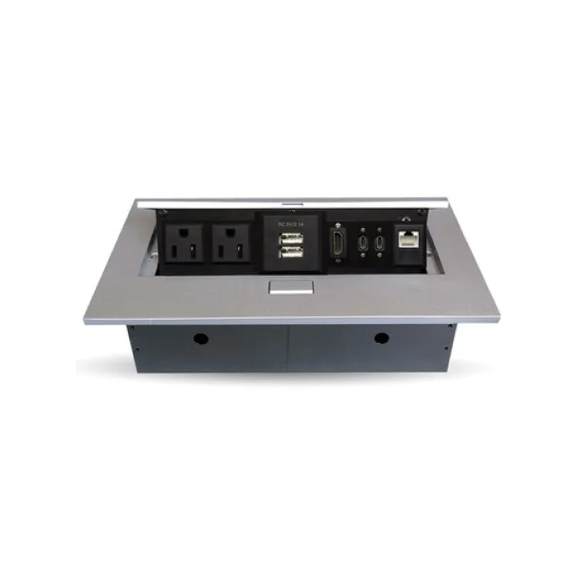 CAJA PARA MESA: USB-TIPO C, HDMI, USB, RJ45 CAT6, CORRIENTE. PLATA