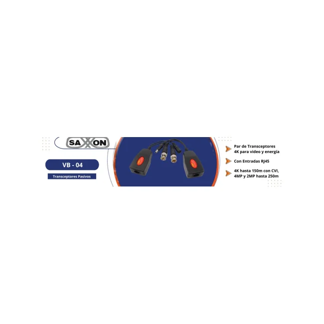 SAXXON VB-04 - Par de transceptores 4K para video y energía, con entradas RJ45, 4K hasta 150m con CVI, 4MP y 2MP hasta 250m