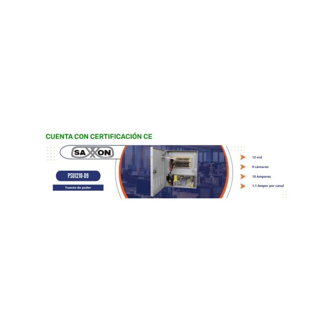SAXXON PSU1210D9 - Fuente de Poder de 12 vcd/ 10 Amperes/ Para 9 Camaras/ 1.1 Amper por Canal/ Protección contra Sobrecargas/ Certificación UL/