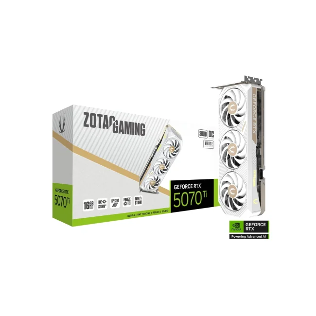 TARJETA DE VIDEO ZOTAC (ZT-B50710Q2-10P) RTX 5070TI SOLID OC WHITE 16GB GDDR7,2482 MHZ,PCIE 5,3*DP,3*FAN