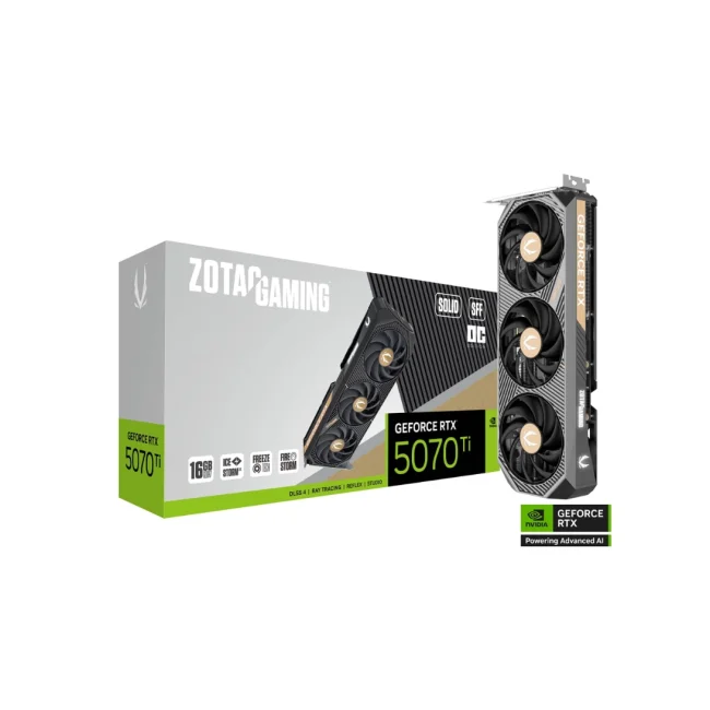 TARJETA DE VIDEO ZOTAC (ZT-B50710J3-10A) RTX 5070TI SOLID SFF OC 16GB GDDR7,2482 MHZ,HDMI,PCIE 5,3*FAN