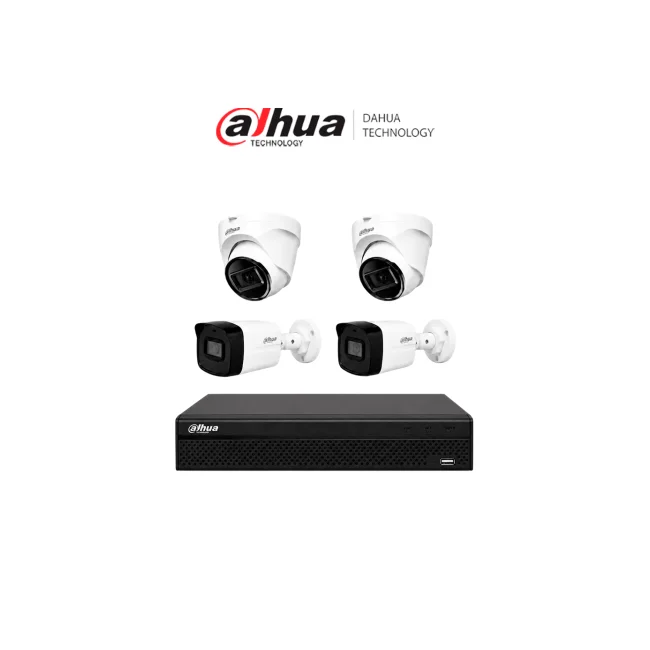 DAHUA KIT NVR1104HS-P-S3/H - NVR de 8 Megapixeles/ 4k/ 4 Canales IP/ 4 puertos PoE/ Smart H.265+/ Rendimiento de 80 mbps/ Salida de Video HDMI&VGA/ 1 Bahía de Disco Duro de Hasta 8TB + 2  IPC-B1E20 Bullet de 2 MP + 2 IPC-T1E20 Domo de 2 MP/