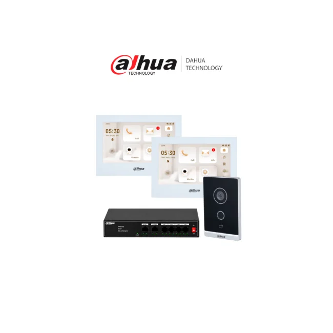 DAHUA KITVPIPWIFI01DH - Kit de Videoportero IP WiFi Dahua con 2 Monitores de 7", Frente de Calle y Switch PoE