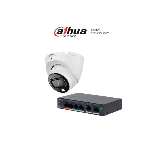 DAHUA DH-CS4006-4ET2ET-60 - 1 Switch PoE de 6 Puertos Administrable con 4 PoE y 2 uplink/ 65 W PoE/ DoLynk Care/ DH-IPC-HDW1839TP-A-IL-0280B-S6 1 Cámara IP Domo de 8MP/ 2.8 mm/ 105°/ iluminador dual/ micrófono/IR de 30m/H.265/PoE/IP67/