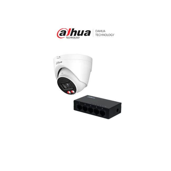 DAHUA PFS3005-5GT - Switch Gigabit de 5 Puertos No Administrable/ Capa 2/ 10/100/1000 Base-T/ Switching 10G/  + DH-IPC-HDW1439V-A-IL Cámara IP Eyeball 4 MP/ Iluminador dual inteligente/ Detección Humana/IR 30m/LED 30m/2.8 mm/Micrófono/PoE/IP67/
