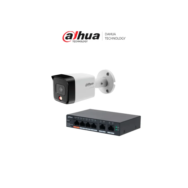 DAHUA DH-CS4006-4ET2ET-60 - 1 Switch PoE de 6 Puertos Administrable con 4 PoE  y 2 uplink/65 W PoE/ DoLynk Care + 1 IPC-HFW1839TC-A-IL Cámara IP Bullet 4k/Iluminador Dual/ Lente de 2.8 mm/ 110°/ Micrófono/IR de 30m/ IP67/PoE/