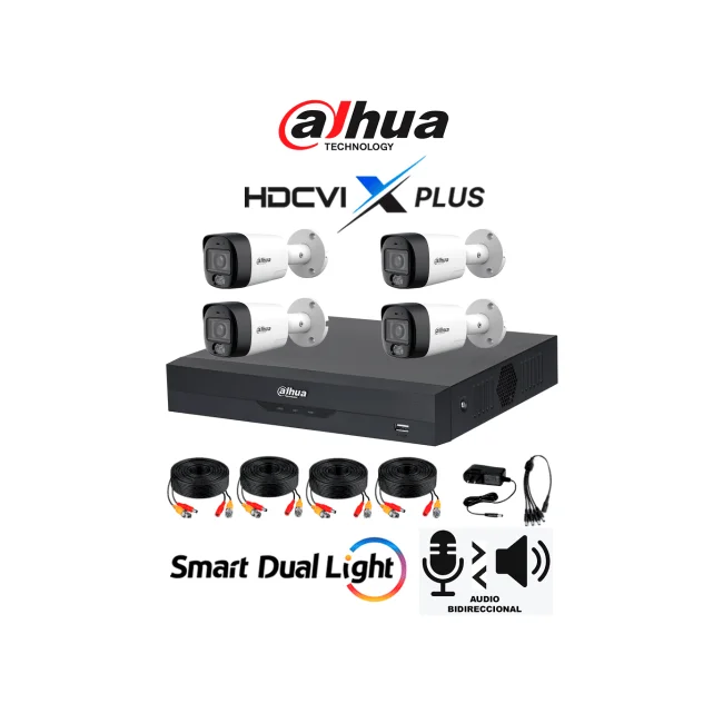 DAHUA DH-KIT/XVR5104HS-4KL-I3/T/4-HFW1500RMN-IL-T-  Kit de Vigilancia de 4 canales 5 MP/ Iluminador Dual y Audio Bidireccional Integrados/y DVR WizSense y Reconocimiento Facial/ Soporta 4 canales + 4 IP o hasta 8 IP/ 4 canales SMD Plus para Búsquedas
