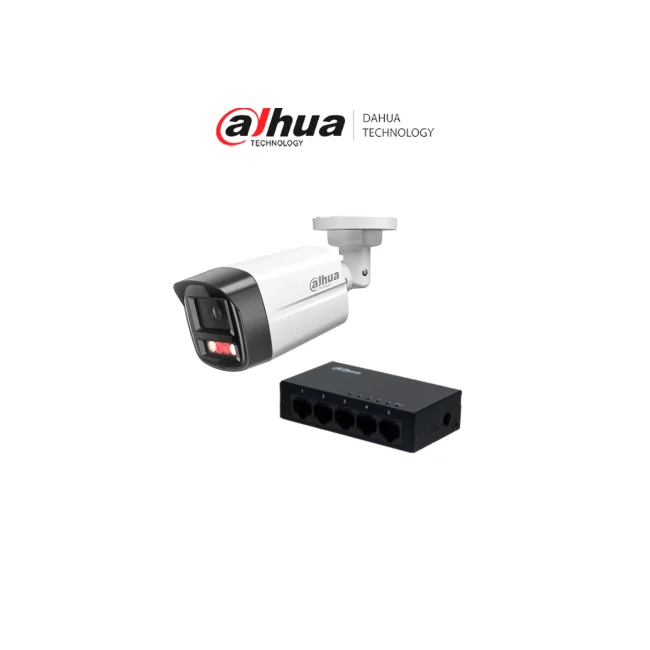 DAHUA PFS3005-5GT - 1 Switch Gigabit de 5 Puertos No Administrable/ Capa 2/ 10/100/1000 Base-T/ Carcasa Metalica/ Switching 10G/ + 1 DH-IPC-HFW1439TL1-A-IL -Cámara IP Bullet de 4 Megapíxeles/Iluminador Dual/ Lente de 2.8mm