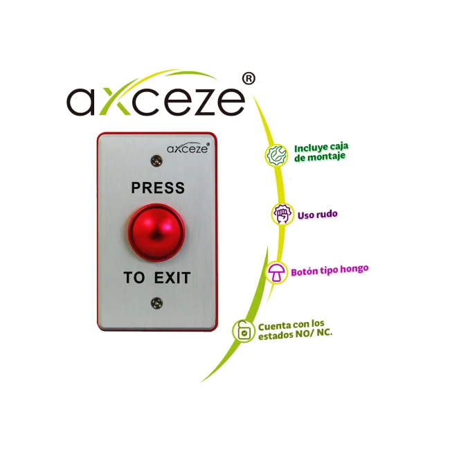 BOTON LIBERADOR  PUSH TIPO HONGO AXCEZE AX-B70R  EN ALUMINIO CUENTA CON LOS ESTADOS NO, NC