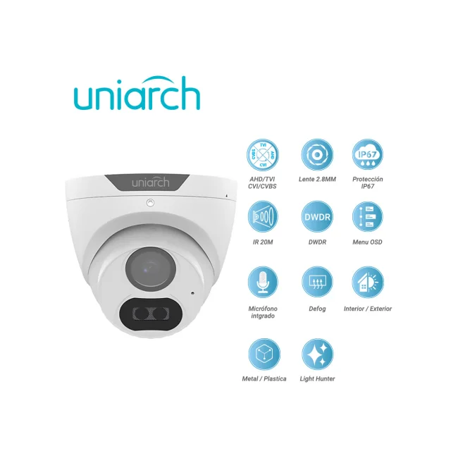 CAMARA ANALOGICA LIGHTHUNTER TURRET UNIARCH UAC-T122-AF28LM / UAC-T122-AF28LM-H / 2MP / AHD/TVI/CVI/CVBS / LENTE FIJO 2.8 MM / 12 VCD / IP67 / IR 20M / DWDR / MENU OSD / MICROFONO INTEGRADO / DEFOG / 3 AXIS / INTERIOR / EXTERIOR / METAL PLASTICA