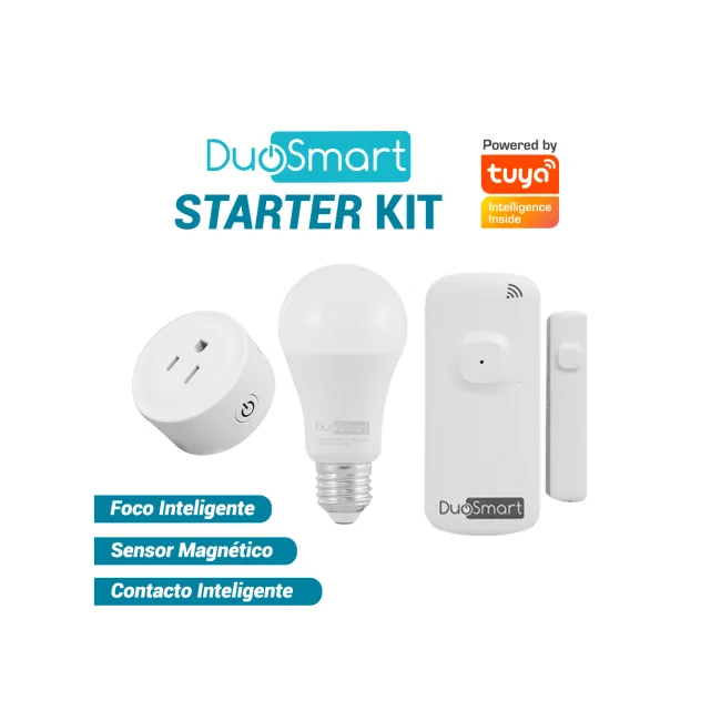 KIT DE INICIO DE DUOSMART, STARTER KIT DUOSMART. INCLUYE: 1 FOCO INTELIGENTE S10, 1 CONTACTO DE SOBREPONER B30 Y 1 SENSOR MAGNÉTICO D10