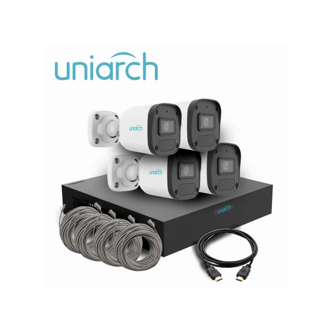 KIT MINI FIXED BULLET UNIARCH IPKIT-104S-4BC / 4CAMARAS-MINI- BULLET-2MP / IPC-B132-AF28-E / ULTRA265 / FULL-HD / LENTE 2.8 MM / DWDR / 30MIR MICROFONO INTEGRADO / HUMAN BODY DETECTION 2.0 / DETECCION DE AUDIO / POEAF / IP67 / 1-NVR-104S3-P4-E / HASTA-6MP / SOPORTA-HASTA-6TB / 2USB / HDMI/VGA-SIMULTANEOS / 4-PUERTOS-POE / 4-CABLES-UTP-18M / 1-CABLE-HDMI-2M / ONVIF / NDAA