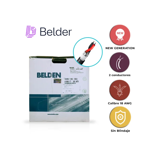CABLE DE SEGURIDAD Y SONIDO BELDEN 5340U1 002A1000 / INTERIOR/EXTERIOR / ROJO / 2 CONDUCTORES / 18 AWG / MULTIFILAR / FORRO PVC / CMR - CMG - FPL - PLTC / BLOQUEO DE AGUA / BOBINA EN CAJA / 1,000 PIES 305 METROS