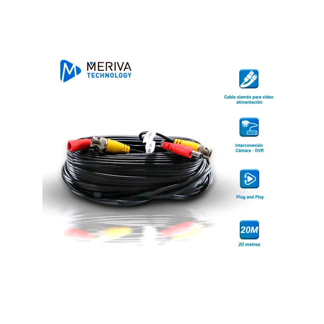 CABLE DE VIDEO HD ARMADO MERIVA MVA-HDCB20 20MTS NEGRO CON CONECTORES DE VIDEO BNC Y CORRIENTE OPTIMIZADO PARA AHD/HDTVI/HDCVI Y AUDIO POR COAXIAL