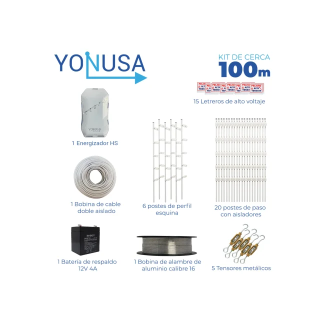 KIT DE CERCA ELECTRIFICADA CON ACCESORIOS PARA 100METROS INCLUYE:
ENERGIZADOR, BATERIA  BR-1204, CABLE, ALAMBRE, POSTES, LETREROS Y TENSORES