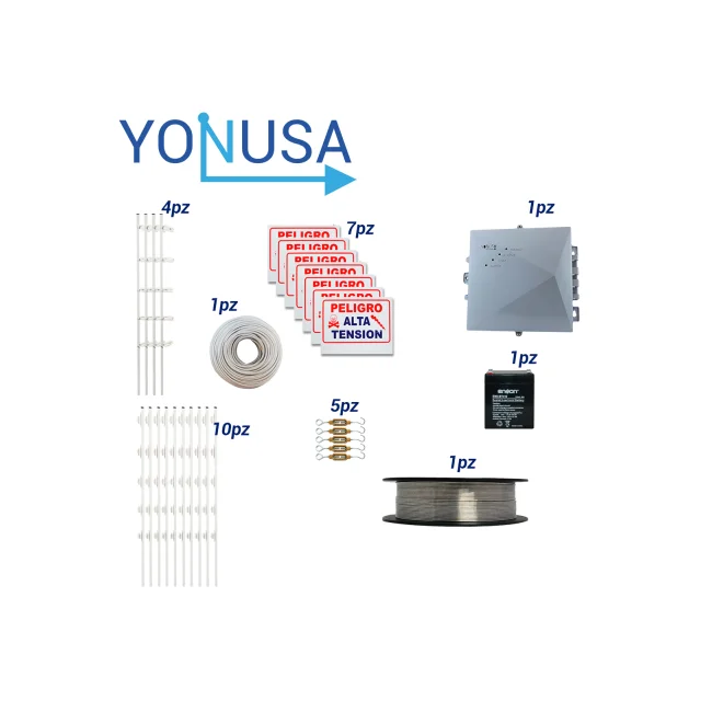 KIT DE CERCA ELECTRIFICADA CON ACCESORIOS PARA 50METROS INCLUYE:
ENERGIZADOR, BATERIA  ENS-BT412 CABLE, ALAMBRE, POSTES, LETREROS Y TENSORES