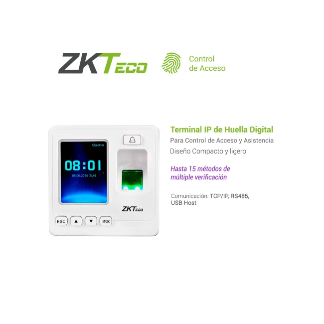 CONTROL DE ACCESO BASICO Y ASISTENCIA ZKTECO SF100/ID BIOMETRICO DE 1500HUELLAS/5000TARJETAS125KHZ/80,000REGISTROS TCP/IP/RS485/USBHOST COMPATIBLE LECTORA KR503E image 3